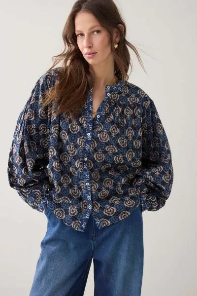 Summum Block Print Blouse In Blue