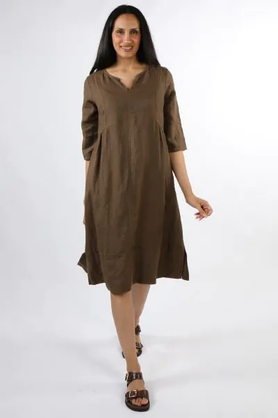 Blueberry Washed Linen Midi Dress In Chocolate