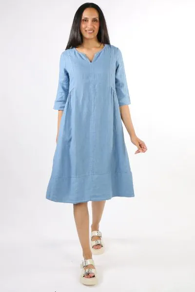 Blueberry Washed Linen Midi Dress In Sky