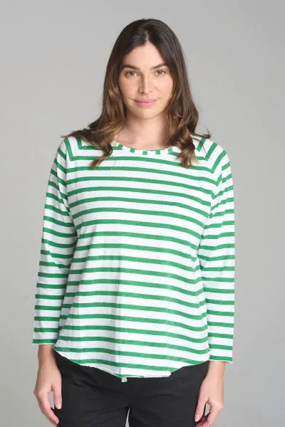 A classic wardrobe staple, the cloth paper scissor tee is a perfect go to. In an overall stripe, this cotton slub tee has a round neck and raglan cut long sleeves for easy movement. Finished with curved hem, style it however you like. Style C121451.