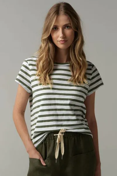 Cloth Paper Scissors Cap Sleeve Tee In Olive Stripe