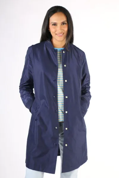 Everyone needs a navy jacket . Longline jacket with both bomber and trench style features in a smart fit . has two pockets, button closure and a tie at the back. style 231610.