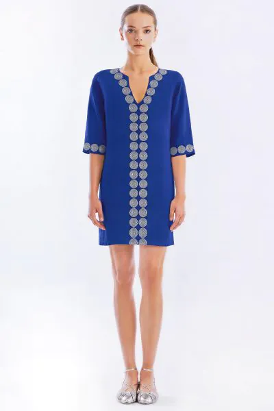 Haris Cotton Embellished Short Linen Dress In Sapphire