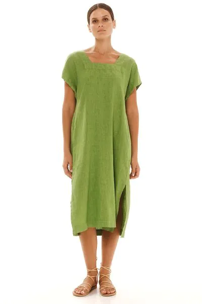 Haris Cotton Smock Linen Dress with Split Hem In Avocado