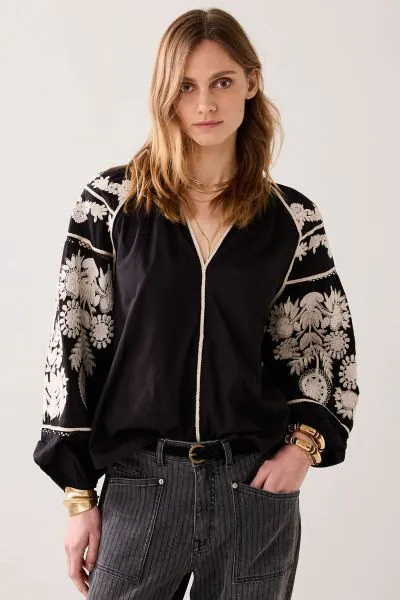 Summum Embroidered Contrast Top In Black