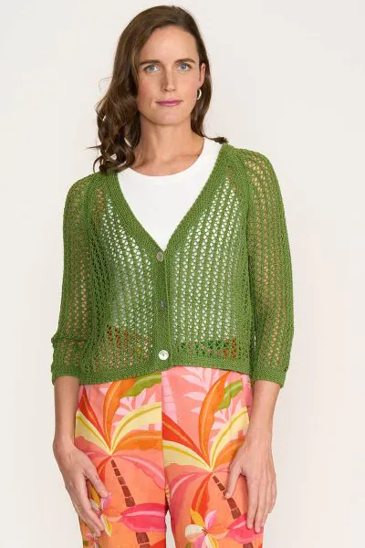 Foil Holey Knit Cardigan In Green