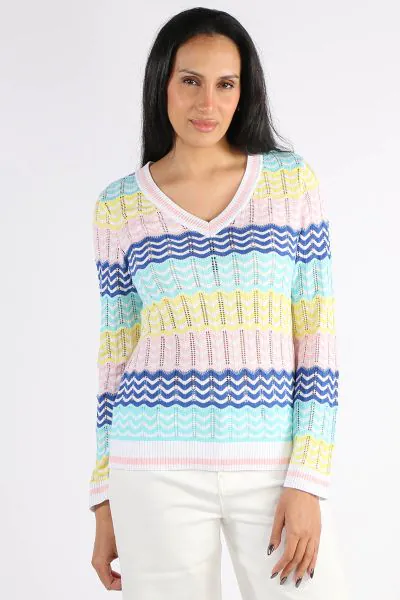 An easy jumper is the order fo the season. In a cotton blend, this cheery Hello Sweater has a V neck and long sleeves and is in overall multi colour lace knit keeping it easy and stylish. Style with easy pants. Style 8208.
