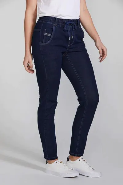 Casual 5 pocket jeans with an elasticated waist and adjustable drawstring tie. Soft handle and distressed finish achieved by special garment wash. style LA3317.