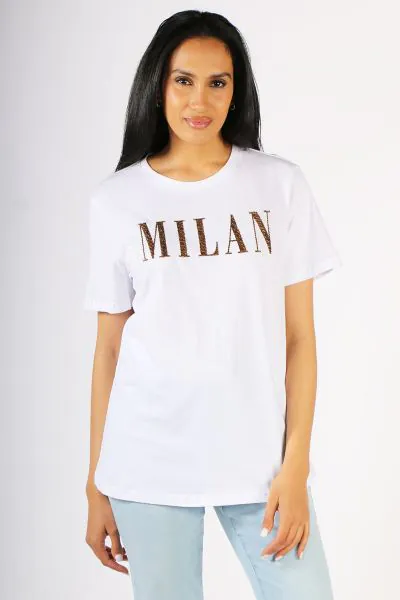 Easy tee for summer gets a luxe update from Gordon Smith. The White Tee has a graphic beaded Milan front with a round neck and short sleeves. Style this tee with easy denims or tailored pants. Style 43755.
