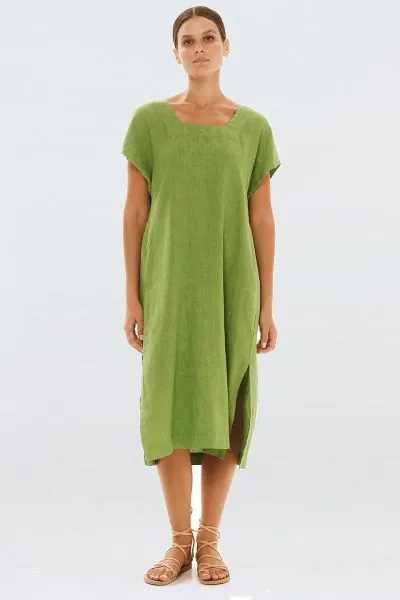 Haris Cotton Smock Linen Dress with Split Hem In Avocado