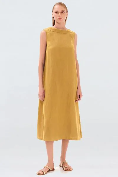 Haris Cotton Maxi Linen Dress With Back Tie In Honey