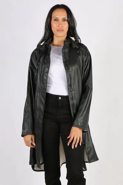 Image of a knee-length, black Ilse Jacobsen raincoat made from waterproof fabric. The coat features a front zip and button closure, a drawstring hood, and two large pockets at the hips. The coat has a flattering A-line shape and is ideal for keeping dry i