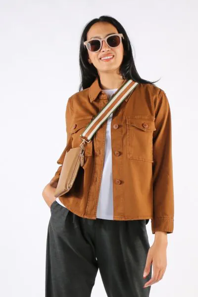 Complete your every day look with this super soft touch twill jacket. This Cropped Shirt Jacket features tonal buttons for a chic design. Style LM1077L12.