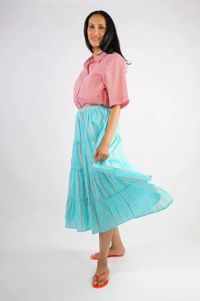 Bagruu Diwali Skirt In Aqua Calico Stripe