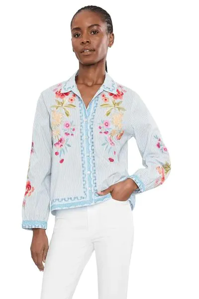 Johnny Was Angela shirt, crafted of a cotton blend, is designed with a stripe and delicate embroidery. Angela is an elegant piece that pairs beautifully with denim or trousers for a refined look that transitions from day to night. The collared shirt featu