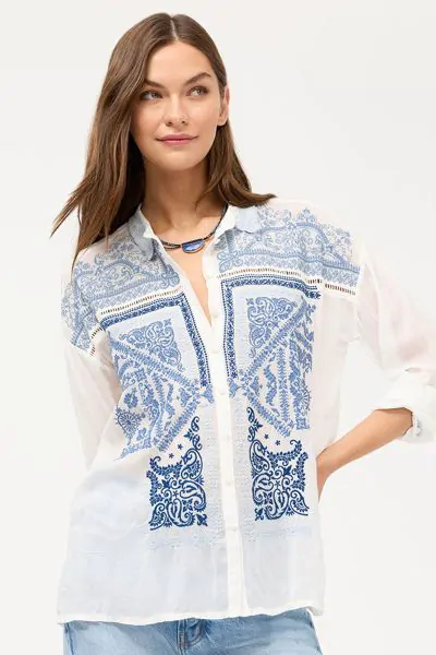 Crafted from a lightweight, flowing fabric, the Bandana Slim Audrey Collared Shirt features an intricate embroidered pattern. Designed with a button front and drop shoulders, this beautifully embellished blouse in crepe is finished with roll tab sleeves a