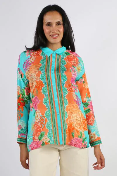 Johnny Was Edena Audrey Silk Shirt In Aqua