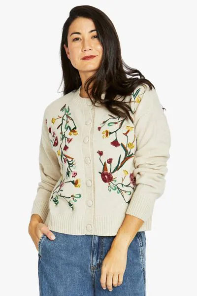 Floral Embroidered Cardigan In Oat By Jump