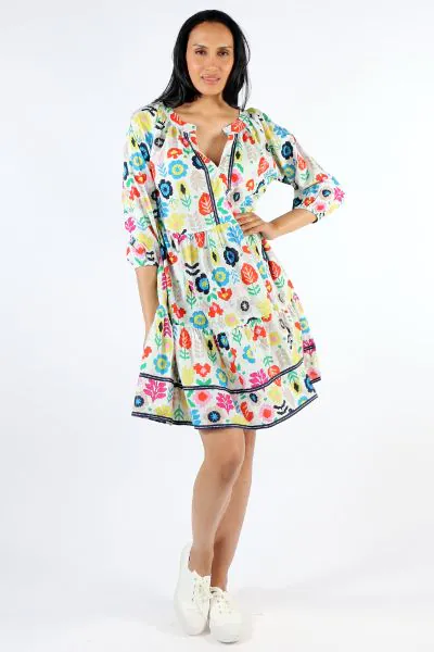 A fun dress for the summer vibes, Kalina dress makes a perfect case to have fun with fashion. In an overall print, the flirty dress has round split neck, gathered peasant sleeves and tiered design sashaying with every move. Finished with a contrasting tri
