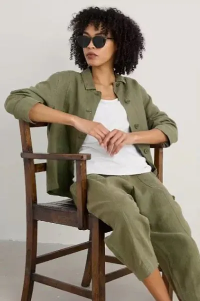 A classic garment dyed linen jacket with an easy, relaxed structure thats influenced by Cornish workwear. Throw over jumpers and jeans, or wear loose over flowing dresses. Our linen will grow softer and smoother with each summer of wear, developing a char