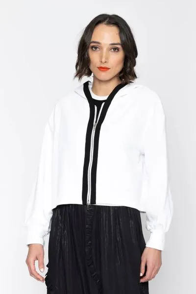 Introducing Blacklist this season in an easy vibe at reads. The cotton hoodie with a zip front has a striking contrast trim and full sleeves. Easy and relaxed vibes to layer over tanks, this Sierra hoodie is more than your average one. 5851.
