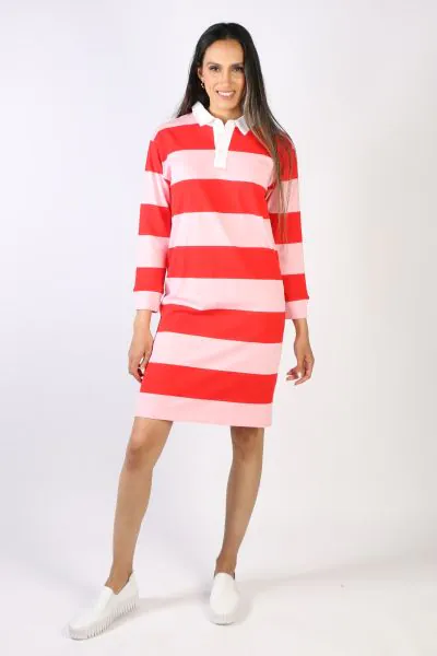 A modern classic rugby dress by Threadz is what you need to be on the go. Overall stripes, a contrasting collar and ribbed cuff sleeves, what is not to love. Style this knee length dress with Sneakers as you go about town in style. Style 41509T.