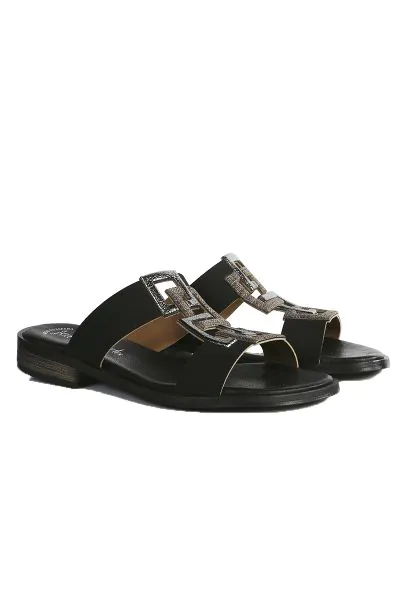 Step out in style with these chic black slip on sandals, designed for both comfort and sophistication. Featuring a sleek dual strap design adorned with metallic geometric accents, these sandals add a touch of modern glamour to any outfit. The cushioned fo