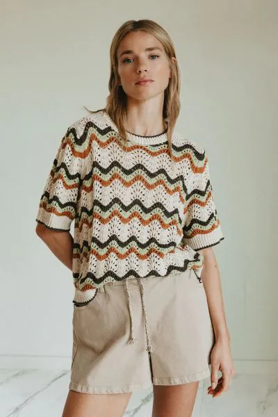 Indi and Cold Zig Zag Crochet Sweater In Apple