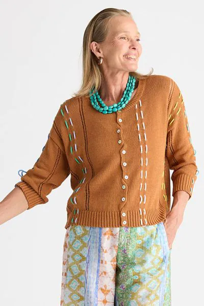 An everyday cardigan that elevates your moods as well your look. The Cardigan with a ribbed neckline and mother of pearl buttons, it features an overall textured Thread details. With full sleeves and front button closure, style this over easy tanks or tee