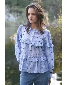 Delicate dobby spots dance across the Ruffle Shuffle top, crafted in Dobby Does It cotton dobby stripe suiting. A soft ruffle collar frames the neckline, while gathered sleeves and subtle trim details create gentle movement, turning a classic silhouette i