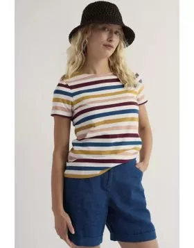 Our Cornish Sailor T Shirt is great way to add a dash of stripes to your wardrobe, with wide, evenly spaced stripes inspired by Cornishware. Made from super soft organic cotton jersey, it has short sleeves and a classic boat neck. Perfect with just about 