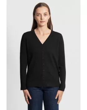 Our luxurious fine gauge V neck cardigan is a layering essential for cooler months. It is beautifully crafted, made in an easy-care construction. Featuring a regular fit silhouette, a classic v neck button front, full fashioned shoulders, and flat jersey 