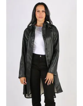 Image of a knee-length, black Ilse Jacobsen raincoat made from waterproof fabric. The coat features a front zip and button closure, a drawstring hood, and two large pockets at the hips. The coat has a flattering A-line shape and is ideal for keeping dry i
