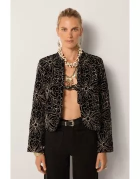 Oozing Luxury, this Odette Jacket is that special piece in your wardrobe that is bound to elevate any look. The overall floral embroidered velvet edge to edge jacket, the cropped length keeps it contemporary and sleek. Pair it with easy basics, even a whi