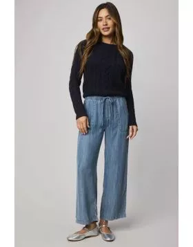 Amazing news. We created our best selling Angie Pant in indigo! These can be worn just about anywhere from WFH to weekend outings. Its topped with a unique roped drawcord on a stretchy waist with seamed patch pockets. And, we just love the wide leg silhou