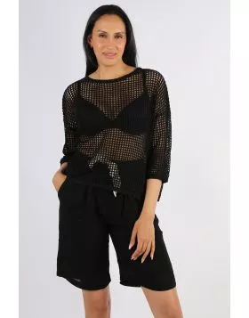 The easy Two by Two top is your easy summer layering Rebe top. In an open weave, the top has round neck and 3/4 sleeves. Layer up over easy tanks. Style X31.
