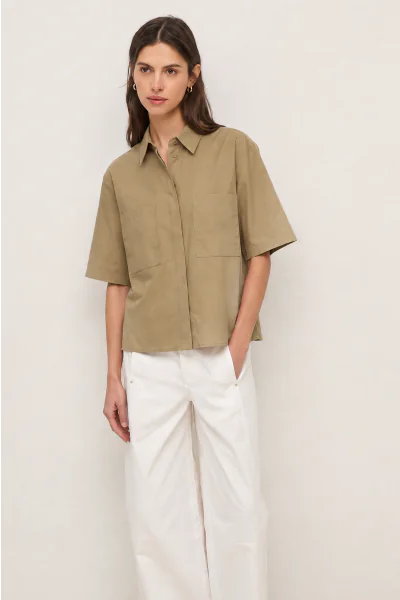 Yerse Double Pocket Poplin Shirt In Camel